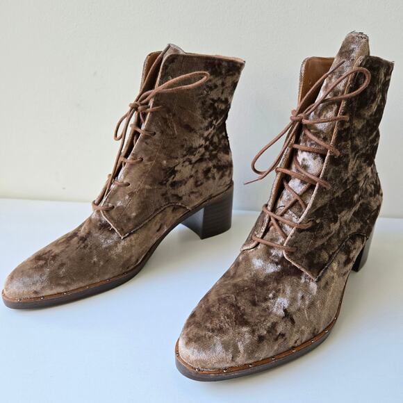 Freda Salvador NEW Ace Crushed Velvet Lace Up Mid Heel Taupe Brown Boots Size 7 - Picture 2 of 13